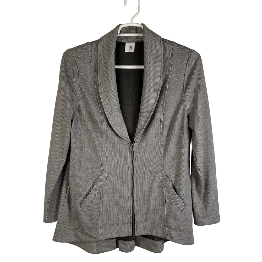 Cabi Women's Blazer Jacket Size L Gray Pinstripe Zip Front Shawl Collar Back Zip